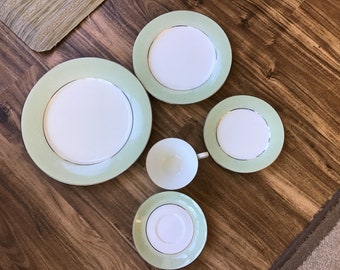Fabulous Find!!-Discontinued Noritake Japan- MAUREEN Pattern- White Flowers/Scrolls on Green Band w/Silvertone Trim - See Desc