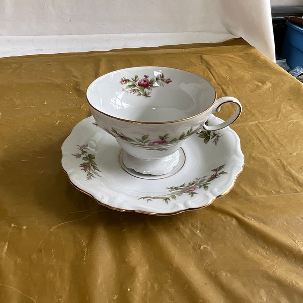Johann Haviland-Bavaria Germany - Circa 1976-Discontinued Moss Rose Pattern- Scalloped Edge W/Goldtone Trim - Footed Cup and Saucer Set