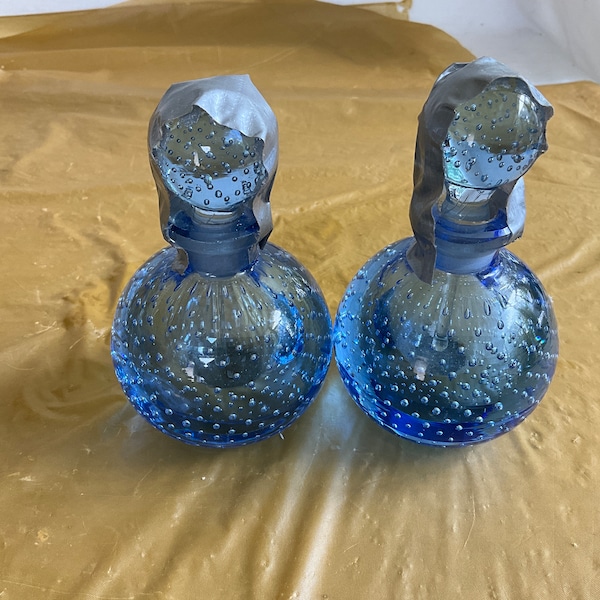 Gorgeous Pair - Blue Heavy Lead Crystal With Bubbles Stoppered 4.25”T x 2.5”Dia Perfume Bottles - Made in Czechoslovakia