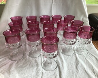 Heavy Cut Glass Red Banded Water Goblet - 5.75”T - Bowl of Goblet and Stem are Dimpled with Etched Ribbon Bands