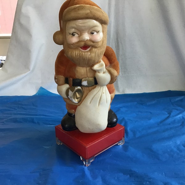 VINTAGE 1972 - Berman and Anderson Santa Claus Music Box - Santa & His Sack are Hard Plastic- Suit has Fuzzy Coating - Song = Jingle Bells