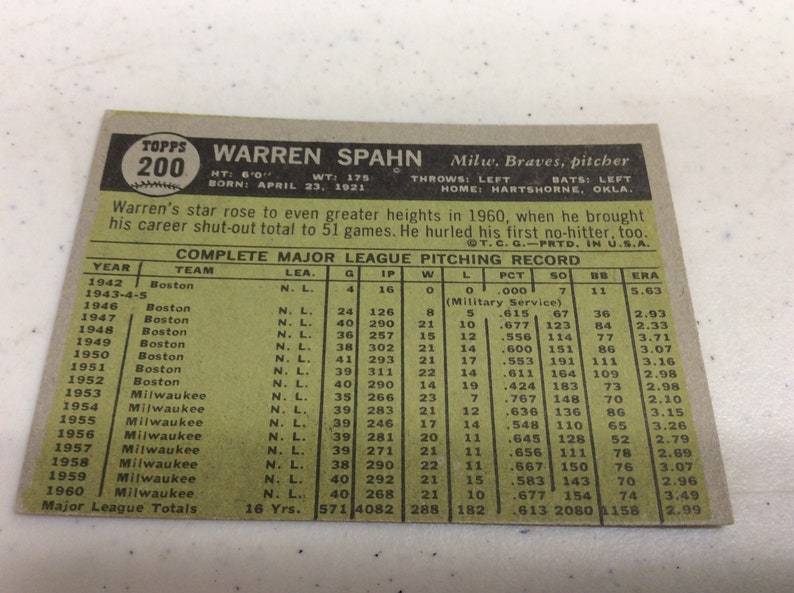 1961 Topps Warren Spahn Baseball Card