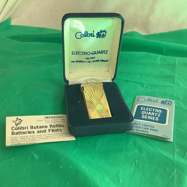 Colibri Electro-Quartz Series Goldtone Pocket Lighter - No Flint, No Battery, No Spark Wheel - New in Plush Lined Gift Box