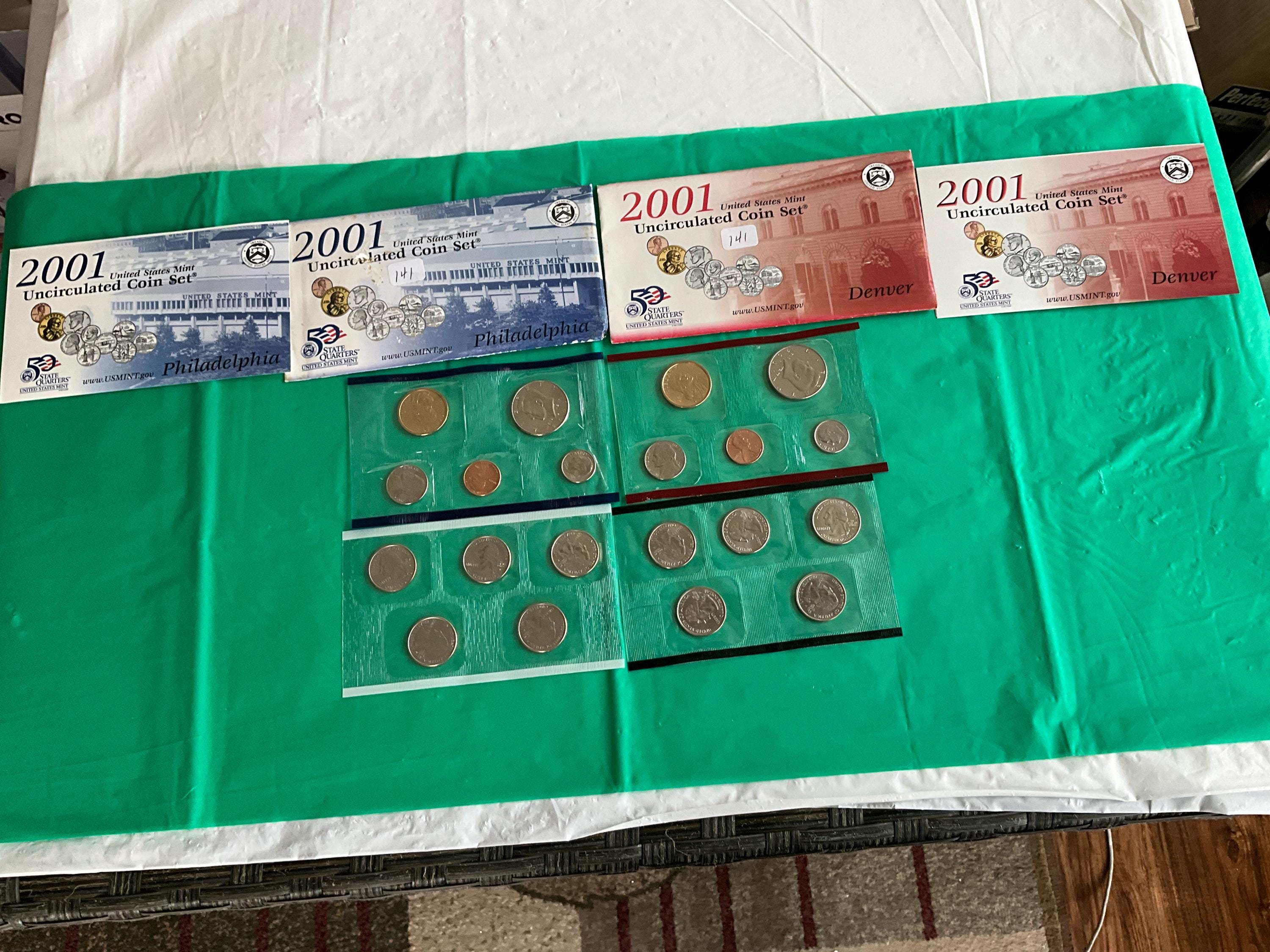 2001 UNC US Mint Coin Set-Inc Goldtone Sacagawea Dollar-Half-5 State Quarters-Dime-Nickel-Penny-From Both D and P Mints-Facts/Specs- No 141