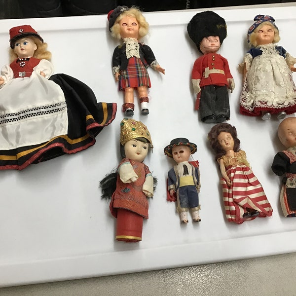 Collection of 8 Dolls representing Worldwide Countries-Ranging in size from 4.5”T to 8.5”T  - Ranging in Condition from Good to Needs Repair