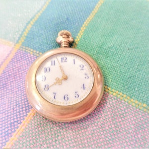 Antique 1898 10K Gold Filled New England Cavour Ladies Pocket Watch Porcelain Dial with Blue Numbers As Found ~ L