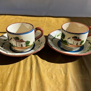 Devon Pottery-England - ‘Motto Ware’ - Pair-4 Fl Oz Demitasse Cups and Saucers - May Display Slight Flaws in Glazing