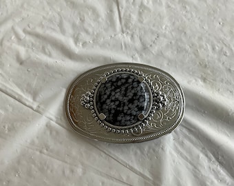 Oval Silvertone Western Belt Buckle Featuring Scrollwork and a Polished Center Stone - Will Fit a 1.50 “ Belt