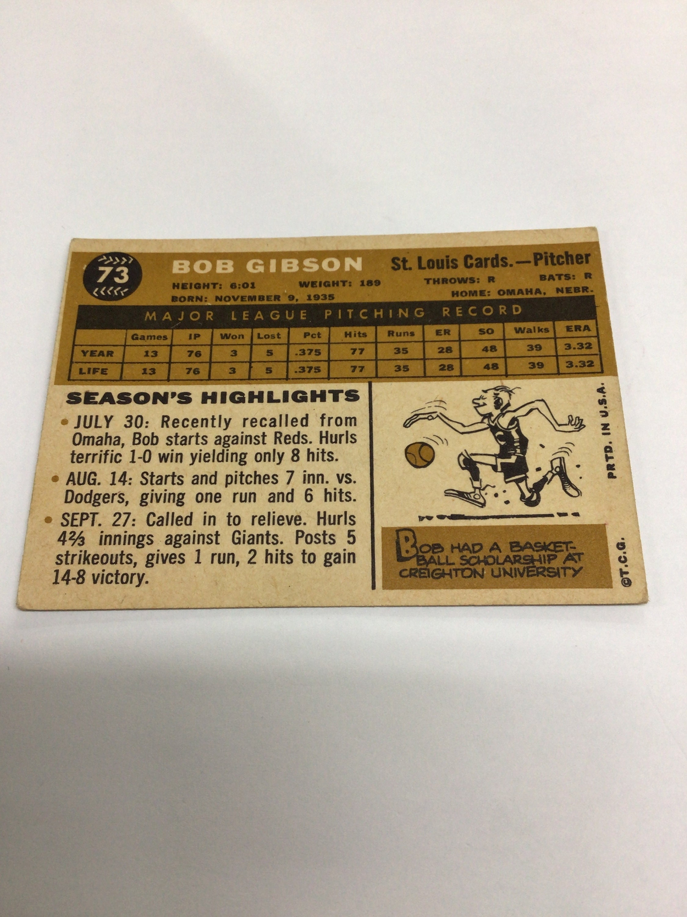 Original Vintage 1960 Topps Baseball, Bob Gibson, Card No