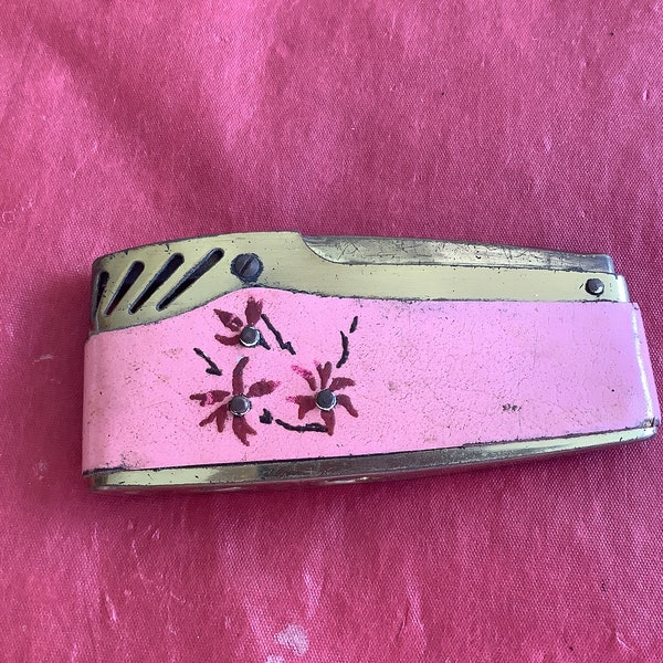 Vintage - Lady’s Goldtone Cigarette Lighter - Wrapped in Pink Leather Held in Place by 3 Tiny Rivets that Form the Centers of Flowers- Japan