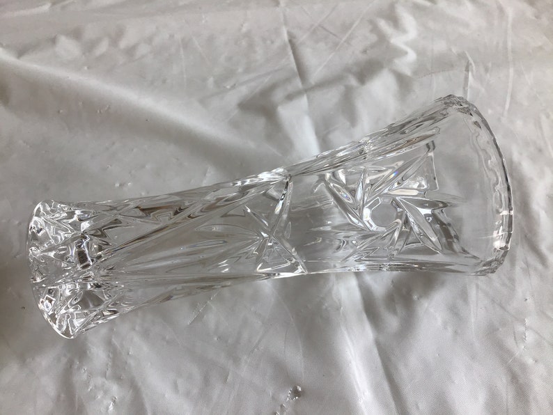 From an Estate Beautiful 6\u201dT Lead Crystal Vase Dimpled Top Edge 3 Panels of the Sun Shining Brightly over Tall Palm Trees