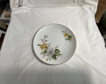 Disc Wentworth China-Japan  - Chrysanthemum Pattern - Yellow and Gray Mums w/Goldtone Trim - 10-5/8” Dinner Plate