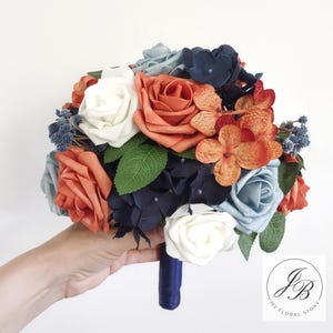 Burnt Orange Terracotta Wedding Bouquet: Navy Blue Artificial Flowers