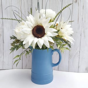 White sunflower centerpiece, artificial flowers in pitcher, summer floral arrangement, dining table decor, farmhouse decor, housewarming