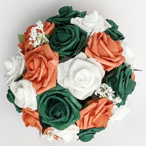 Burnt Orange Terracotta Emerald Green Wedding, fall wedding bridal bouquet, artificial flowers, custom order fall boutonniere, bridesmaid