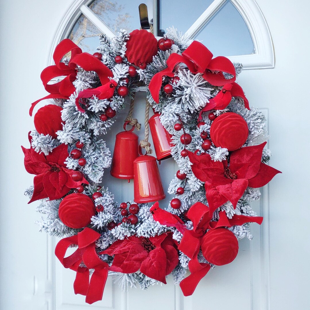 Red White Flocked Christmas Wreath: Velvet Poinsettias Ornaments and ...