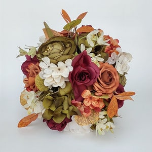 Burnt Orange Burgundy Wedding Bouquet: Autumn Artificial Flowers