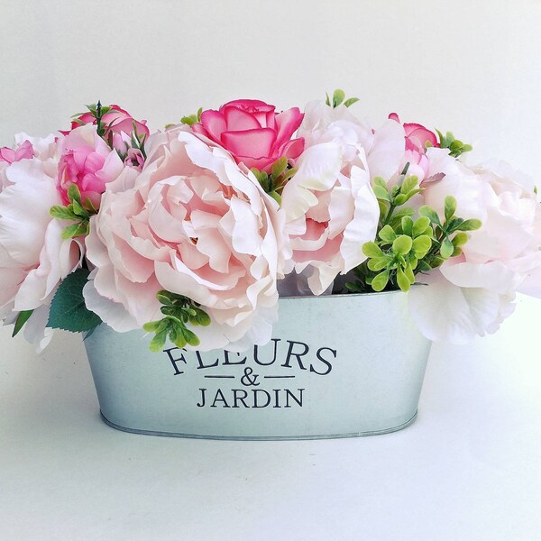 Farmhouse floral arrangement, Mother's Day,  french country centerpiece, pink peony, dining room flowers, galvanized planter, ready to ship