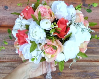 Coral bouquet, pink bridal flowers, coral bridal bouquet, coral pink, pink and white wedding, coral boutonniere, wedding bouquet