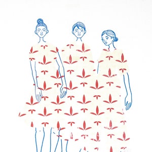 May include: Three figures in a line, wearing white dresses with a red floral pattern. The figures are drawn in blue line art and have short, dark hair.