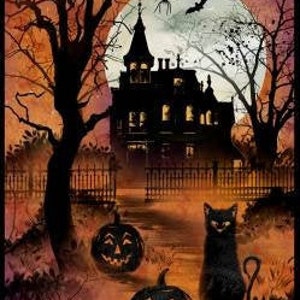 1 panel Multi Frightful Night Halloween Large Panel 24in x 43in # 20501-896 From Wilmington Prints Haunted House Cats