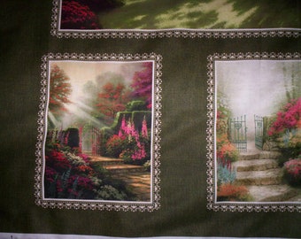 Country Peaceful Retreat Thomas Kinkade Cabin and Stream Cotton Quilting Fabric Panel