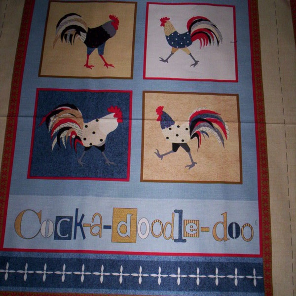 SALE !! Cock a Doodle Doo Debbie Taylor-Kerman Henry Glass Fabrics 1 cotton panel 24" x 44" Rooster blocks