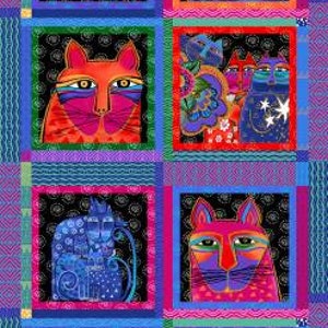 1 large cotton fabric panel Feline Frolic by Laurel Burch  4 different cats on Metallic Fabric vibrant Color 24" x 44"