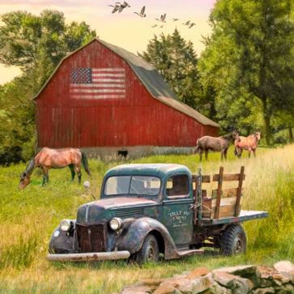 1 panel 34.5" x 44" Truck, Barn & Horses Digitally Printed  From Four Seasons by David Textiles