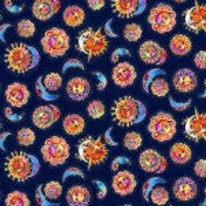 NEW!  1 yard Light Navy Suns # Y3161-93 From Clothworks By Burch, Laurel Celestial Magic by Laurel Burch Collection In Theme