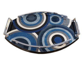 Inlaid Wood Oval small serving tray "Blue Circle Design"