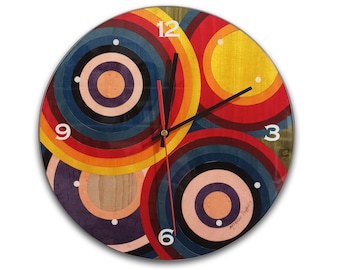 Inlaid Wood Round Wall Clock "Colored Circle "Design