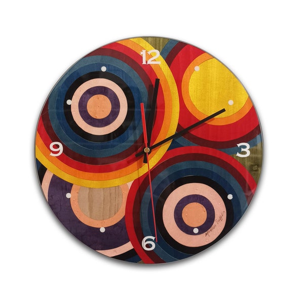 Inlaid Wood Round Wall Clock "Colored Circle "Design