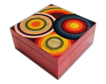 Inlaid wood jewelry box 16x16 cm "Colored Circle Design"