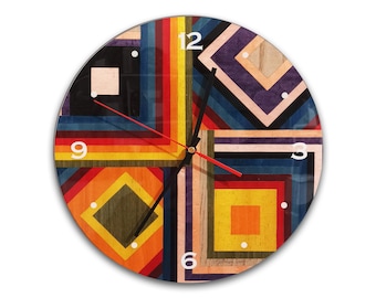 Horloge murale ronde en bois incrusté design « Carré coloré »