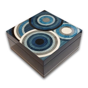 Boîte à bijoux faite main en bois incrusté « Blue Circle Design » avec plateau amovible doublé de velours | Artisanat italien | Idée cadeau unique
