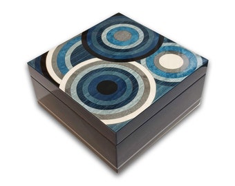 Handmade Inlaid Wood Jewelry Box "Blue Circle Design" with Removable Velvet-Lined Tray | Italian Craftsmanship | Unique Gift Idea