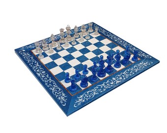 Inlaid wood Chess set  "Blue Ornato" Design