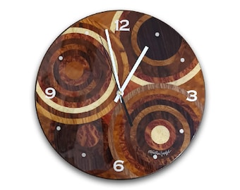 Inlaid Wood Round Wall Clock "Natural Colored Circle "Design