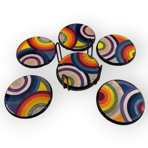 Inlaid Wood Coasters Set &quot;Colored Circle Design&quot;