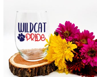 School Pride Wine Glass makes a great Gift for Teacher or Parents PTA, Personalized with YOUR CHOICE of Colors and Mascot. Made Custom.