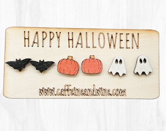 Pack of Three Laser Cut Wooden Earrings for Halloween, Stud Autumn Earrings with Pumpkins, Not so Spooky Ghosts and Bats.