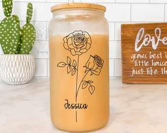 Personalized Birth Month Flower Iced Coffee Glass, Birth Flower Glass Can Tumbler, Gift for Her, Custom Beer Can, Birthday Gift for Mom