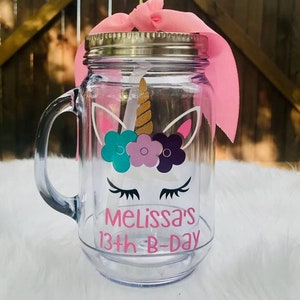 Unicorn Mason Jar with Lid and Straw | Great Easter Basket Filler | Party Favor for Teen |