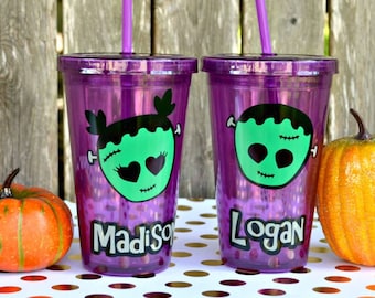 Cute Frankenstein Halloween Cups, Personalized with Name and Character Choice