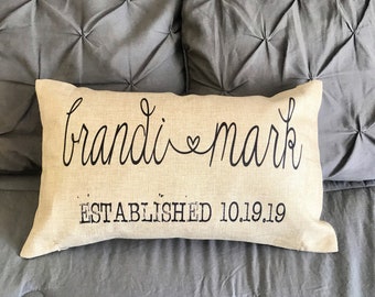 Personalized Pillow for Wedding Gift, Anniversary Gift for Couple, Throw Pillow for Bedroom or Living Room, Year Established Decor