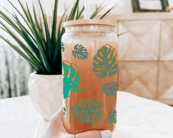 Monstera Leaf Plant 16 Ounce Glass Tumbler with Straw and Lid,  Trendy Cottagecore Aesthetic - Can Be Personalized