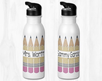 Custom Stainless Steel Water Bottle with Glitter Pencil and Name | Gift for Teacher | First Day of School Supplies, Stainless Steel Straw