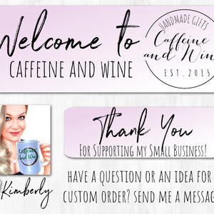 May include: A pink and white gradient background with the text "Welcome to Caffeine and Wine" and a logo that says "Handmade Gifts Caffeine and Wine Est. 2015". Below the text is a photo of a woman holding a mug that says "Caffeine and Wine". Below the photo is the text "Kimberly" and a pink heart. Below the logo is a pink and white gradient background with the text "Thank You for supporting my small business! Have a question or an idea for a custom order? Send me a message!"