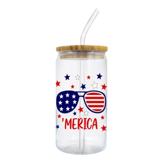 Fourth of July Glass Cup With Bamboo Lid & Glass Straw